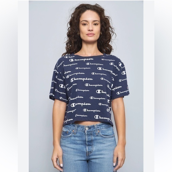 Champion Tops - Champions Navy & White Logo Cropped T-Shirt